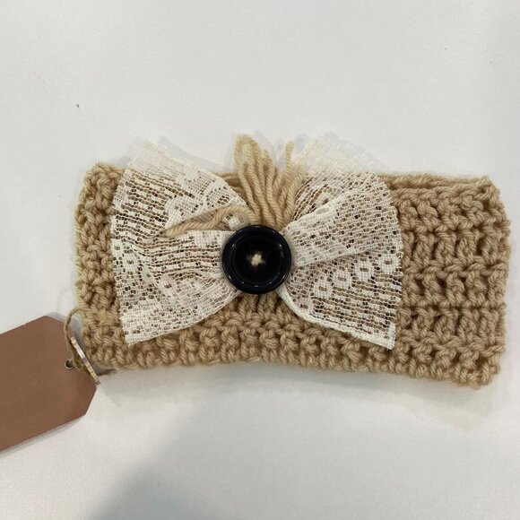 Handcrafted Crochet Beige Headband With Lace Bow & Button Accent - Picture 2 of 7